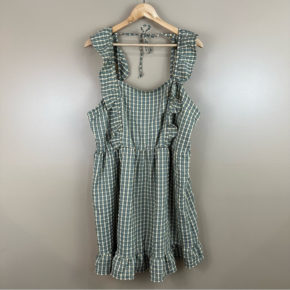 Green & Yellow Gingham Plaid Ruffle Smocked Dress XXL Milkmaid Cottagecore
